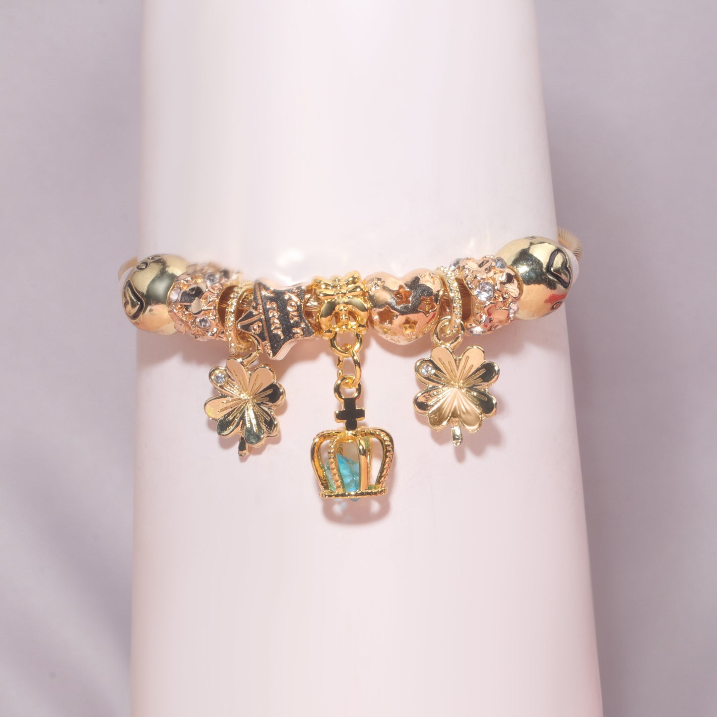 Vintage Love Flower Star Charm Beaded Crown Pendant DIY Open Bangle(18cm)