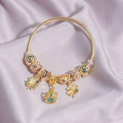 Vintage Love Flower Star Charm Beaded Crown Pendant DIY Open Bangle(18cm)