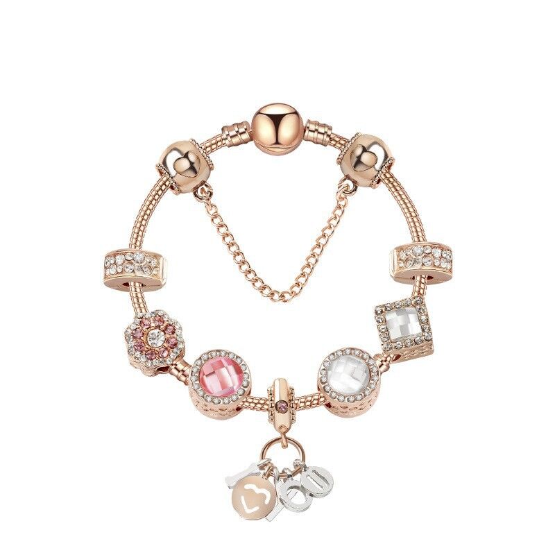 Rose Gold Charm Bracelet with Zircon, Flower & Letter Pendants, Colorful Beads(18cm)