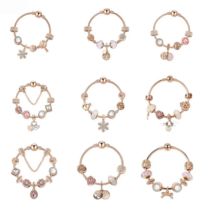 Rose Gold Charm Bracelet with Zircon, Flower & Letter Pendants, Colorful Beads(19cm)