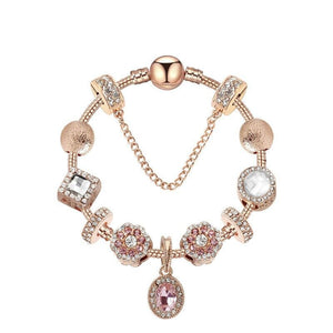 Vintage Gold Bracelet with Crystal, Zircon & Floral Beads, Oval Zircon Pendant(17cm)