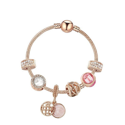 Glamorous Gold Bracelet with Rhinestones, Colorful Cubic Zirconia, Hollow Beads & Double-Disc Pendant(20cm)