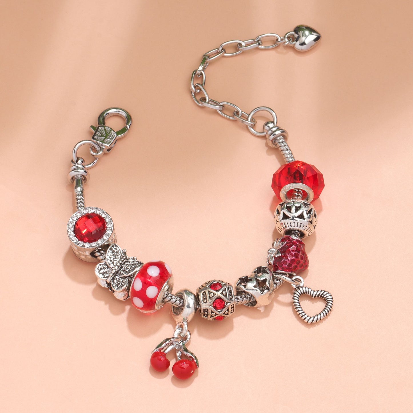 Charm Bracelet with Butterfly & Crystal Heart, Zinc Alloy(red,16cm)