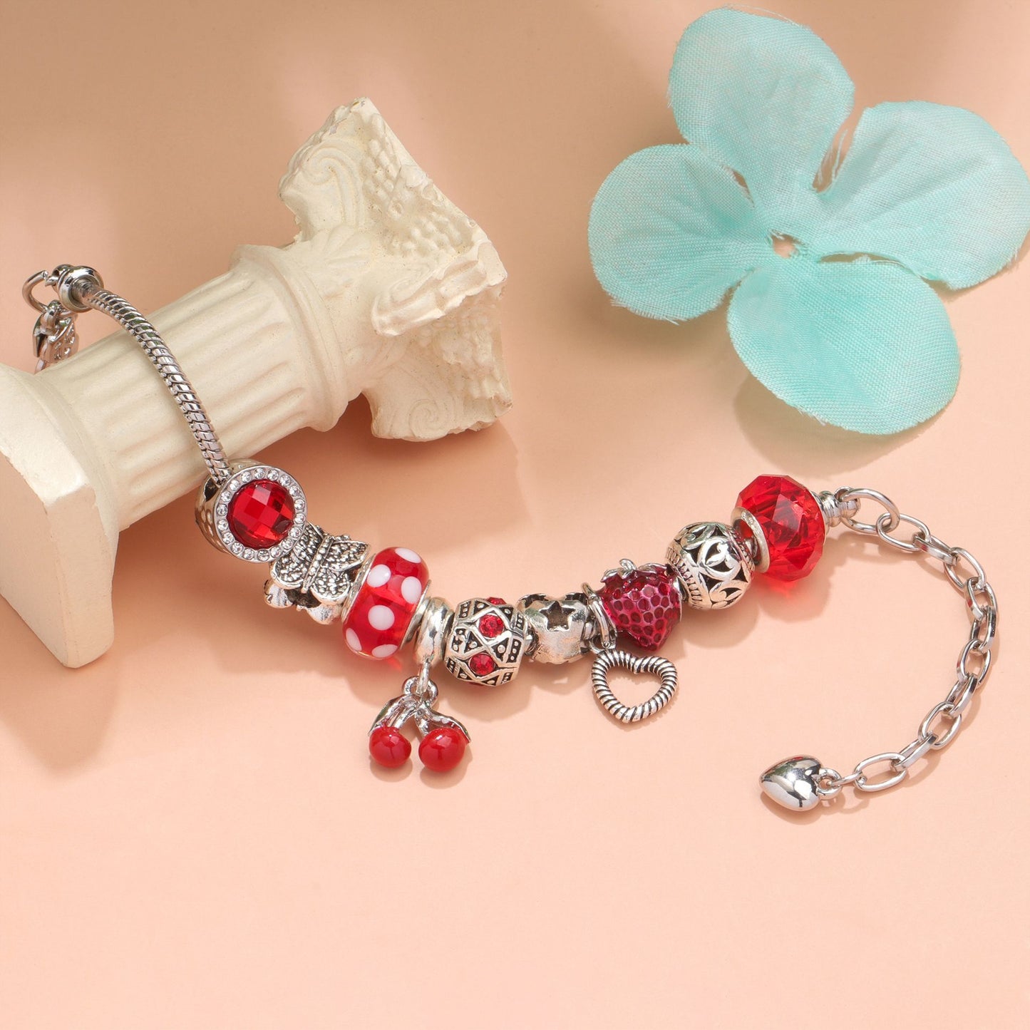 Charm Bracelet with Butterfly & Crystal Heart, Zinc Alloy(red,16cm)