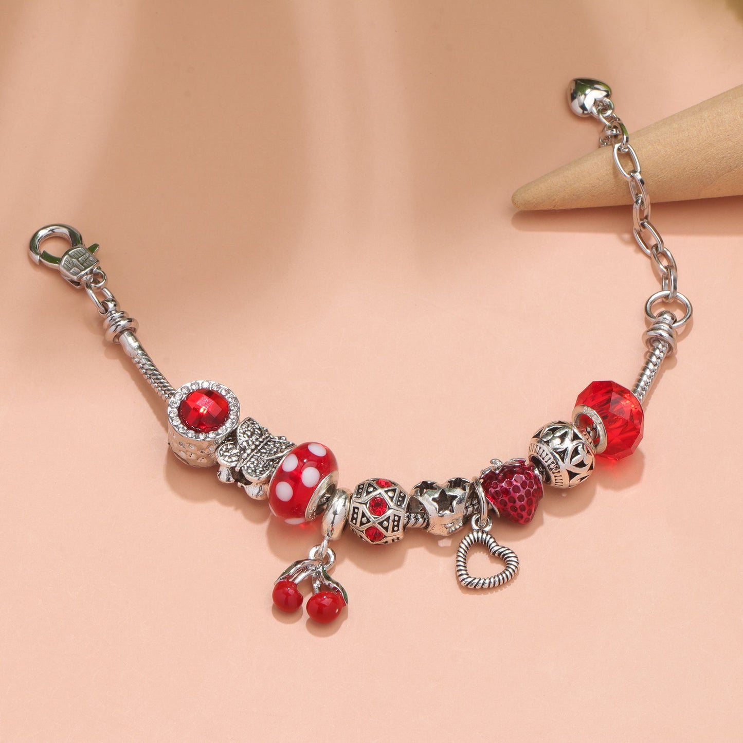 Charm Bracelet with Butterfly & Crystal Heart, Zinc Alloy(red,17cm)