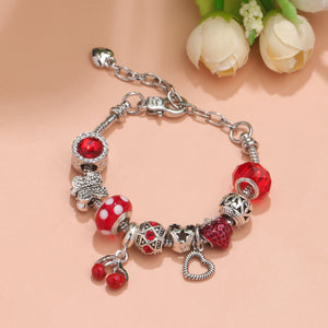Charm Bracelet with Tortoise, Heart, Clover Pendant(red,18cm)