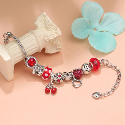 Charm Bracelet with Tortoise, Heart, Clover Pendant(red,18cm)