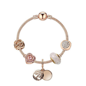 Glamorous Rose Gold Bracelet with Zircon, Glass Beads & Double Disc Pendant(20cm)
