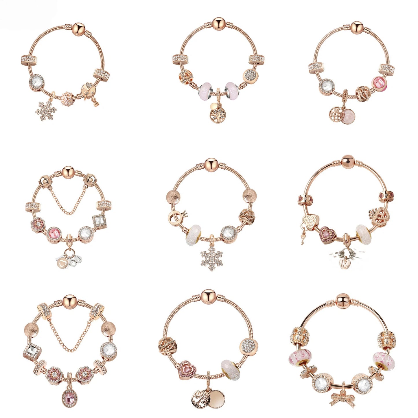 Rose Gold Snowflake Pendant Bracelet with Crystal Zircon, Crown & Glass Charms – Glamorous Sweet-Style Alloy Bracelet(20cm)