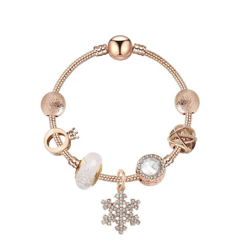 Rose Gold Snowflake Pendant Bracelet with Crystal Zircon, Crown & Glass Charms – Glamorous Sweet-Style Alloy Bracelet(21cm)