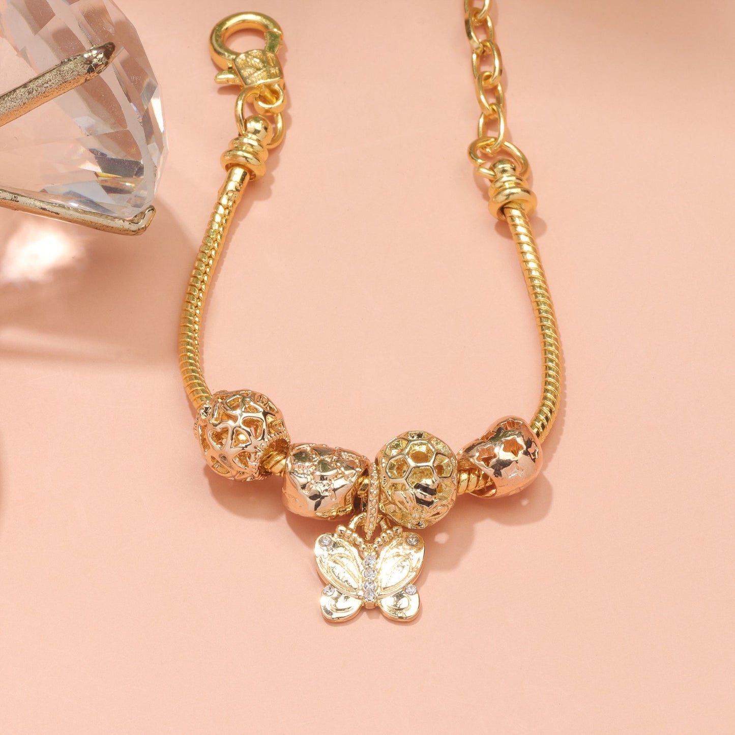 Hollow Beads Butterfly Heart Charm Bracele(yellow,18cm)