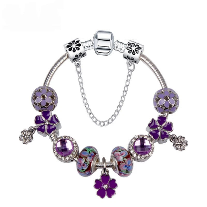 Purple Four Leaf Clover Pendant Bracelet – Sparkling Zircon Resin Glass Beads(20cm)