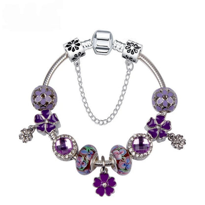 Purple Four Leaf Clover Pendant Bracelet – Sparkling Zircon Resin Glass Beads(21cm)