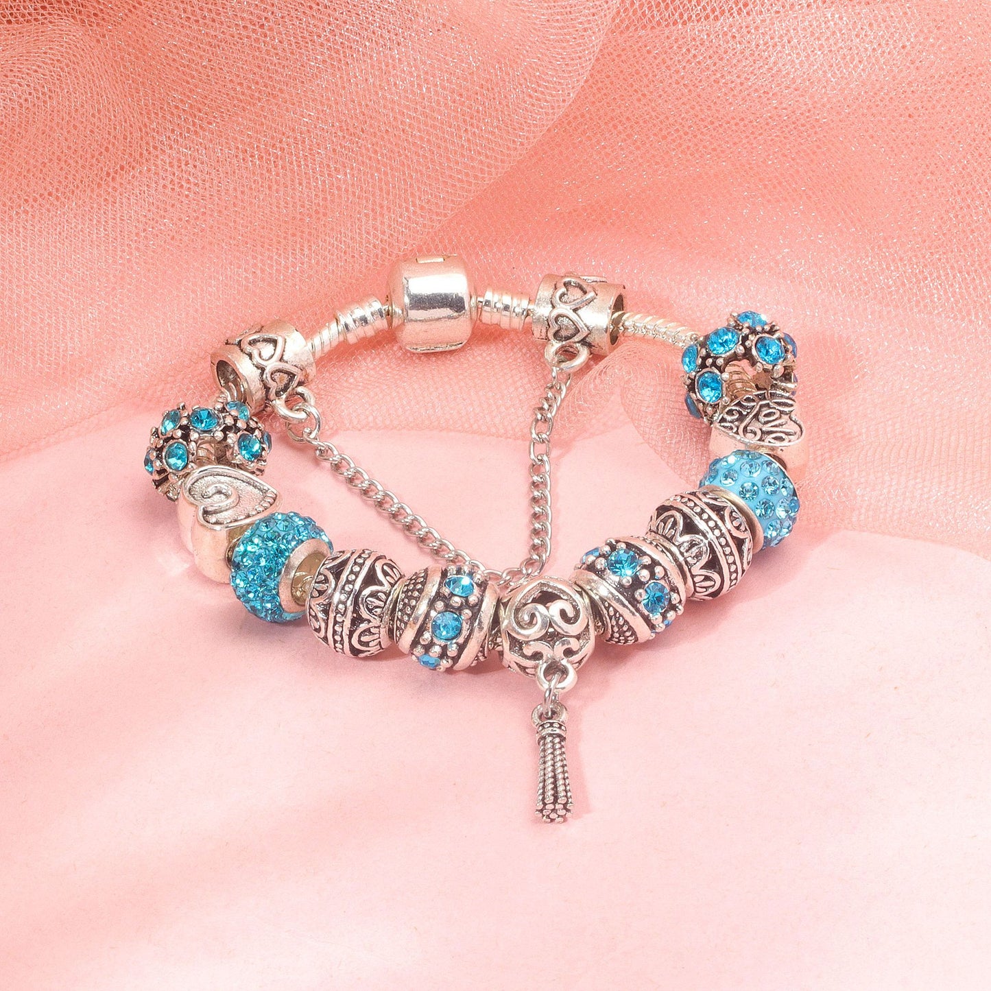 Women’s Vintage Silver-Plated Charm Bracelet - Crystal-Embedded Hollow Carved Multi-Bead Fashion Jewelry(blue-17cm)
