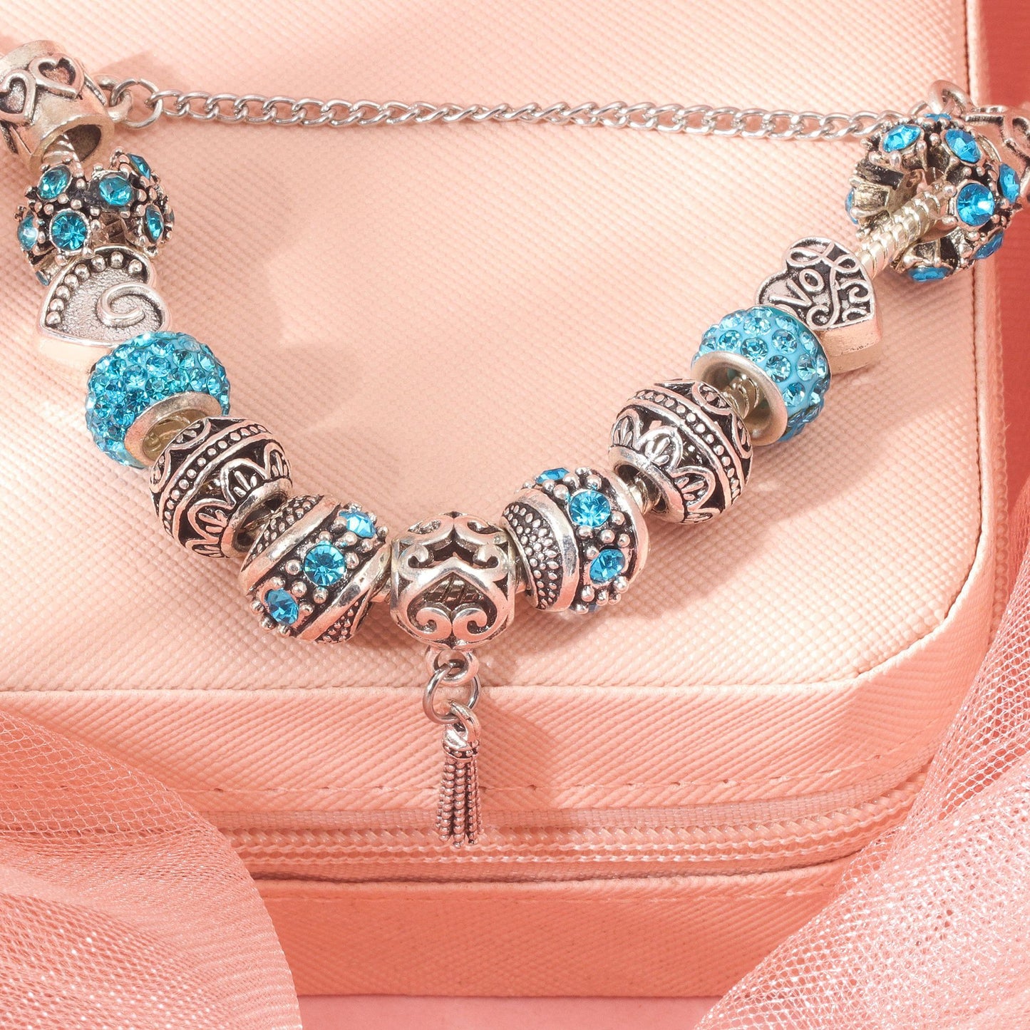Women’s Vintage Silver-Plated Charm Bracelet - Crystal-Embedded Hollow Carved Multi-Bead Fashion Jewelry(blue-17cm)