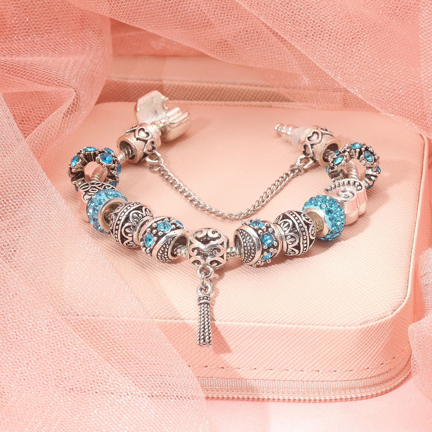 Women’s Vintage Silver-Plated Charm Bracelet - Crystal-Embedded Hollow Carved Multi-Bead Fashion Jewelry(blue-18cm)