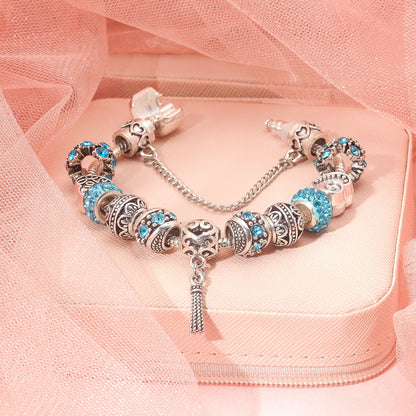 Women’s Vintage Silver-Plated Charm Bracelet - Crystal-Embedded Hollow Carved Multi-Bead Fashion Jewelry(blue-18cm)
