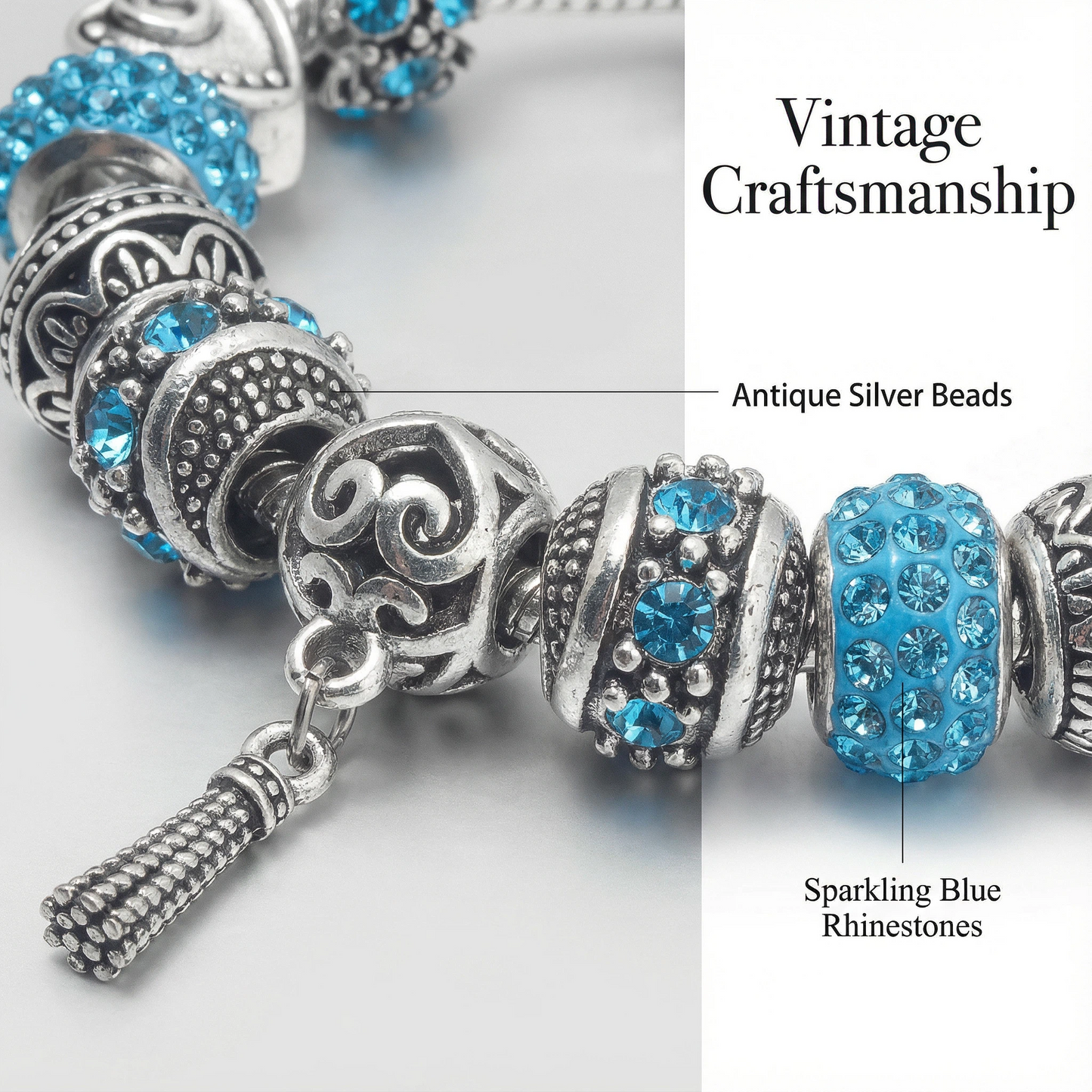Women’s Vintage Silver-Plated Charm Bracelet - Crystal-Embedded Hollow Carved Multi-Bead Fashion Jewelry(blue-18cm)