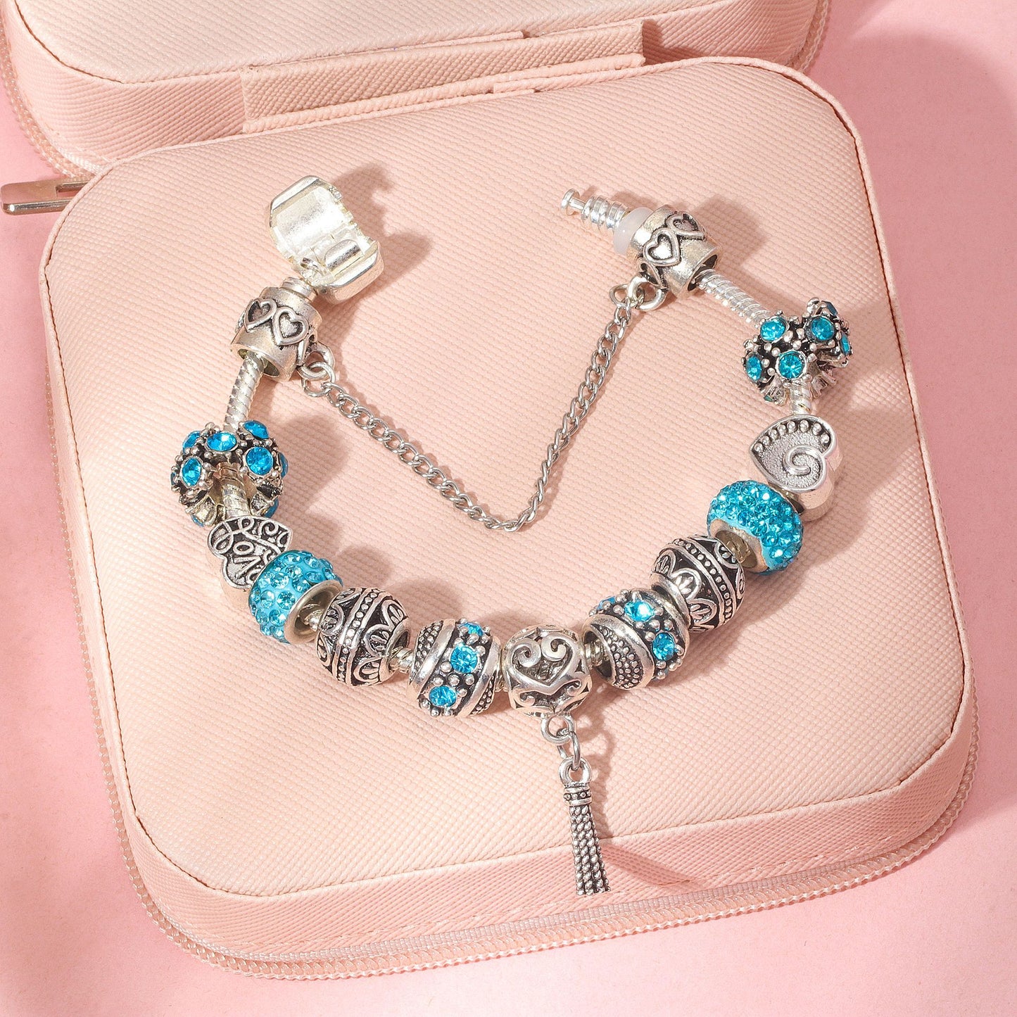 Women’s Vintage Silver-Plated Charm Bracelet - Crystal-Embedded Hollow Carved Multi-Bead Fashion Jewelry(blue-20cm)