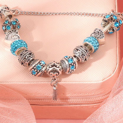 Women’s Vintage Silver-Plated Charm Bracelet - Crystal-Embedded Hollow Carved Multi-Bead Fashion Jewelry(blue-20cm)