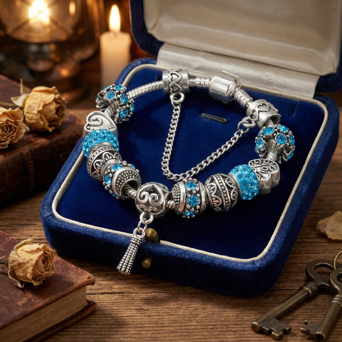 Women’s Vintage Silver-Plated Charm Bracelet - Crystal-Embedded Hollow Carved Multi-Bead Fashion Jewelry(blue-20cm)