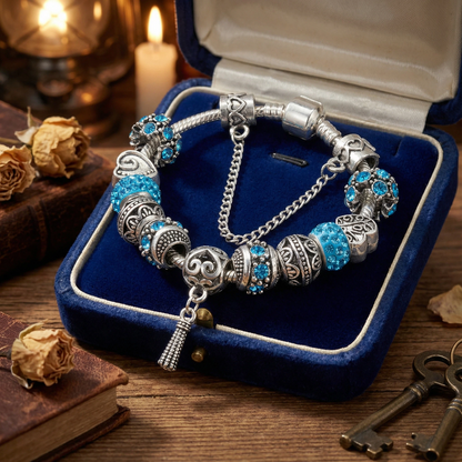 Women’s Vintage Silver-Plated Charm Bracelet - Crystal-Embedded Hollow Carved Multi-Bead Fashion Jewelry(blue-20cm)