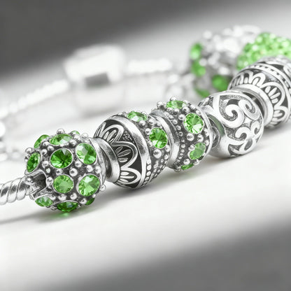 Women’s Vintage Silver-Plated Charm Bracelet - Crystal-Embedded Hollow Carved Multi-Bead Fashion Jewelry(green-17cm)
