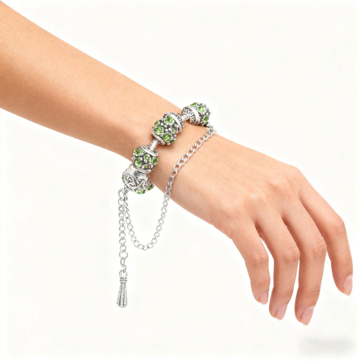 Women’s Vintage Silver-Plated Charm Bracelet - Crystal-Embedded Hollow Carved Multi-Bead Fashion Jewelry(green-19cm)