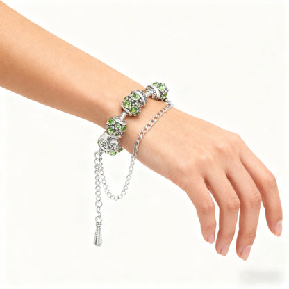 Women’s Vintage Silver-Plated Charm Bracelet - Crystal-Embedded Hollow Carved Multi-Bead Fashion Jewelry(green-19cm)