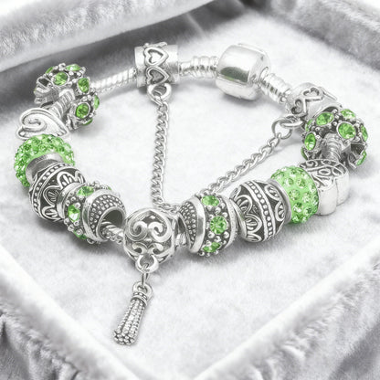Women’s Vintage Silver-Plated Charm Bracelet - Crystal-Embedded Hollow Carved Multi-Bead Fashion Jewelry(green-19cm)