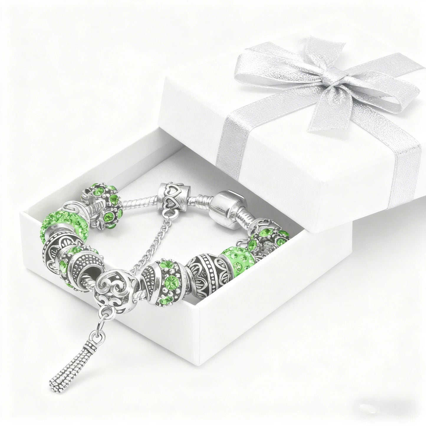 Women’s Vintage Silver-Plated Charm Bracelet - Crystal-Embedded Hollow Carved Multi-Bead Fashion Jewelry(green-20cm)