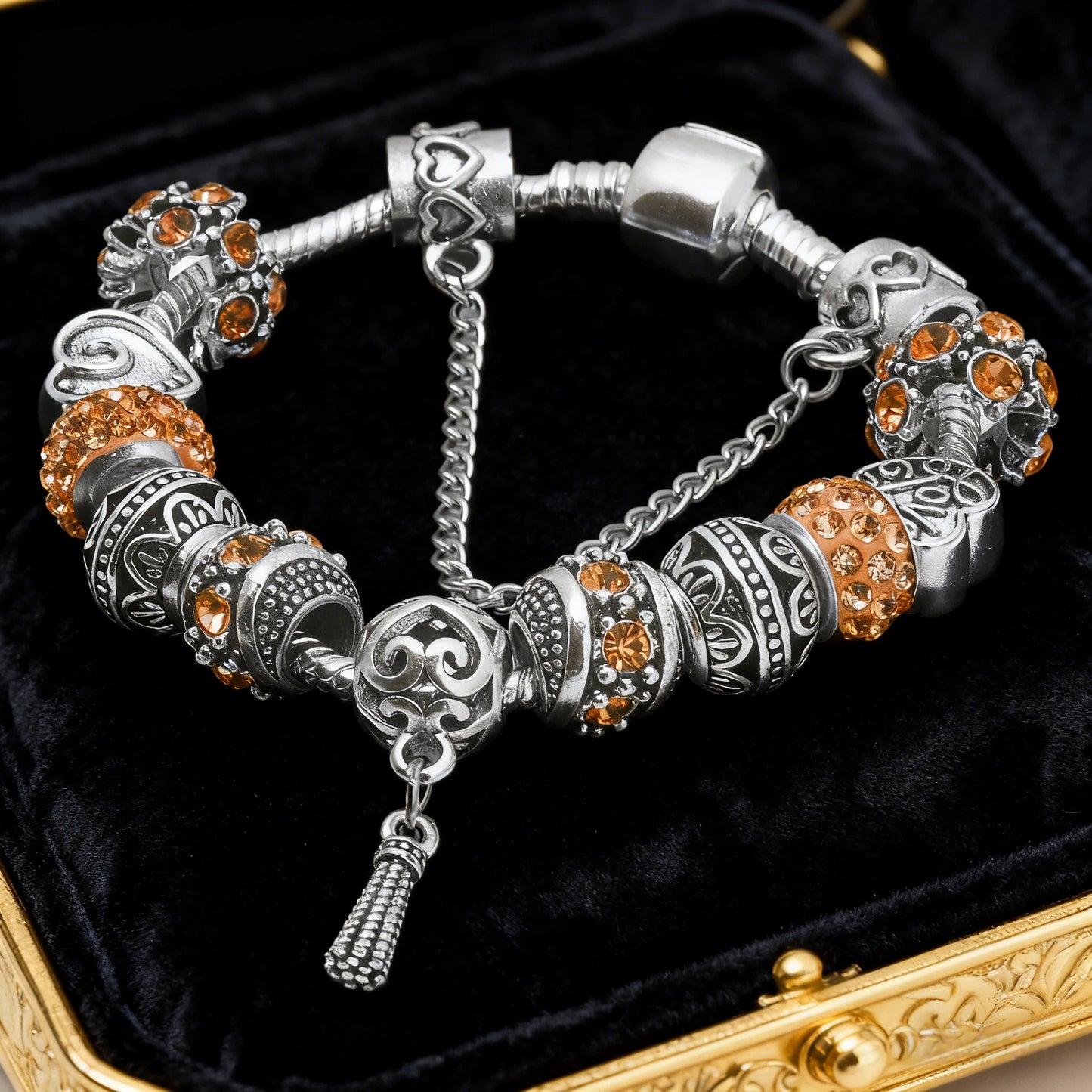 Women’s Vintage Silver-Plated Charm Bracelet - Crystal-Embedded Hollow Carved Multi-Bead Fashion Jewelry(orange-17cm)