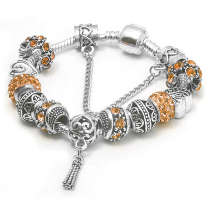 Women’s Vintage Silver-Plated Charm Bracelet - Crystal-Embedded Hollow Carved Multi-Bead Fashion Jewelry(orange-19cm)