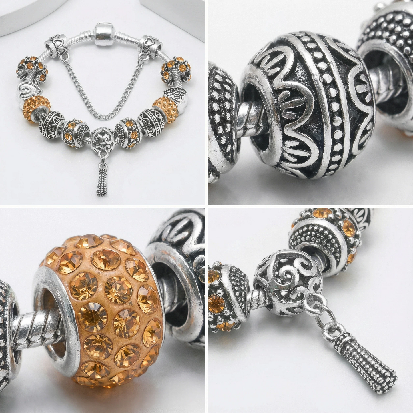 Women’s Vintage Silver-Plated Charm Bracelet - Crystal-Embedded Hollow Carved Multi-Bead Fashion Jewelry(orange-19cm)