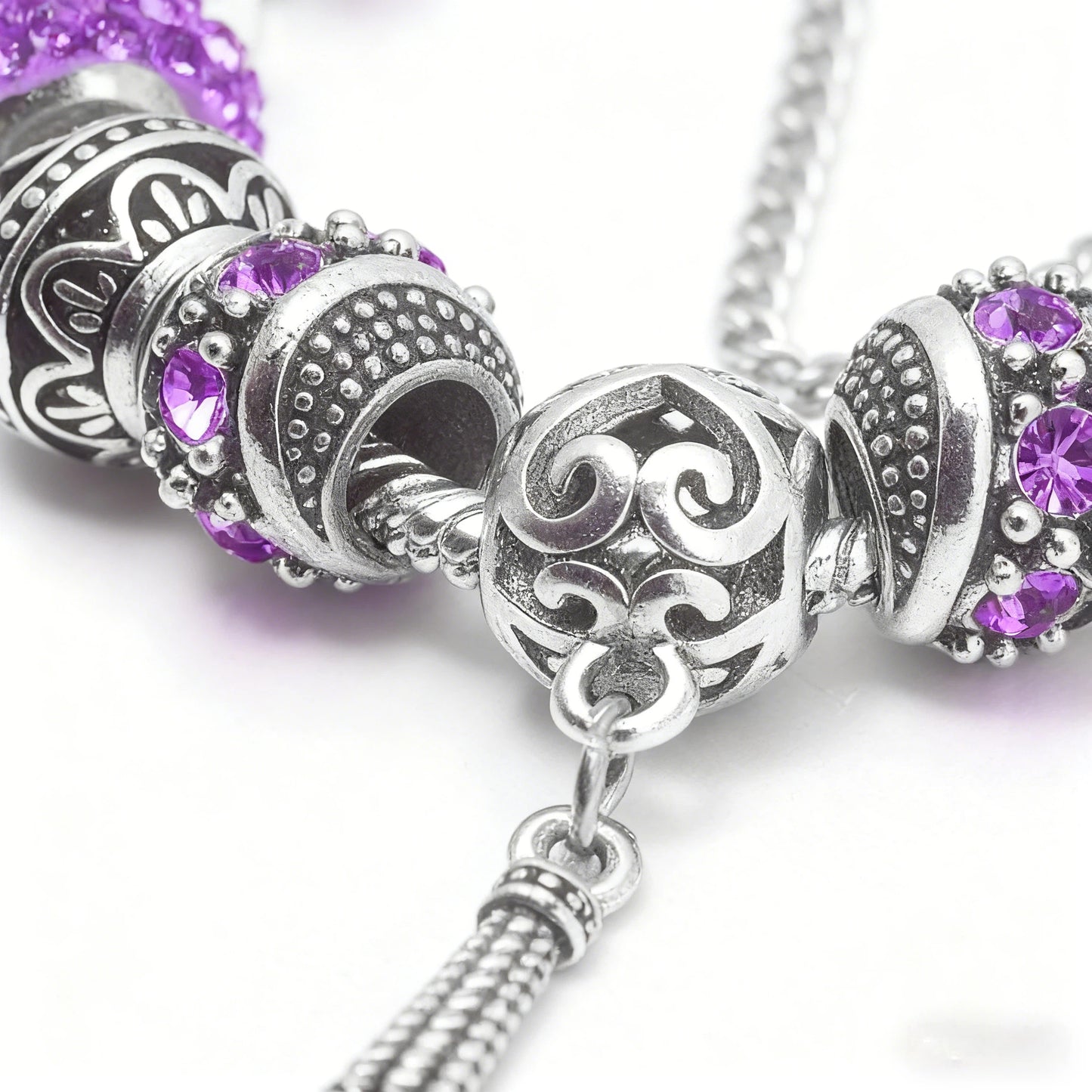 Women’s Vintage Silver-Plated Charm Bracelet - Crystal-Embedded Hollow Carved Multi-Bead Fashion Jewelry(purple-17cm)