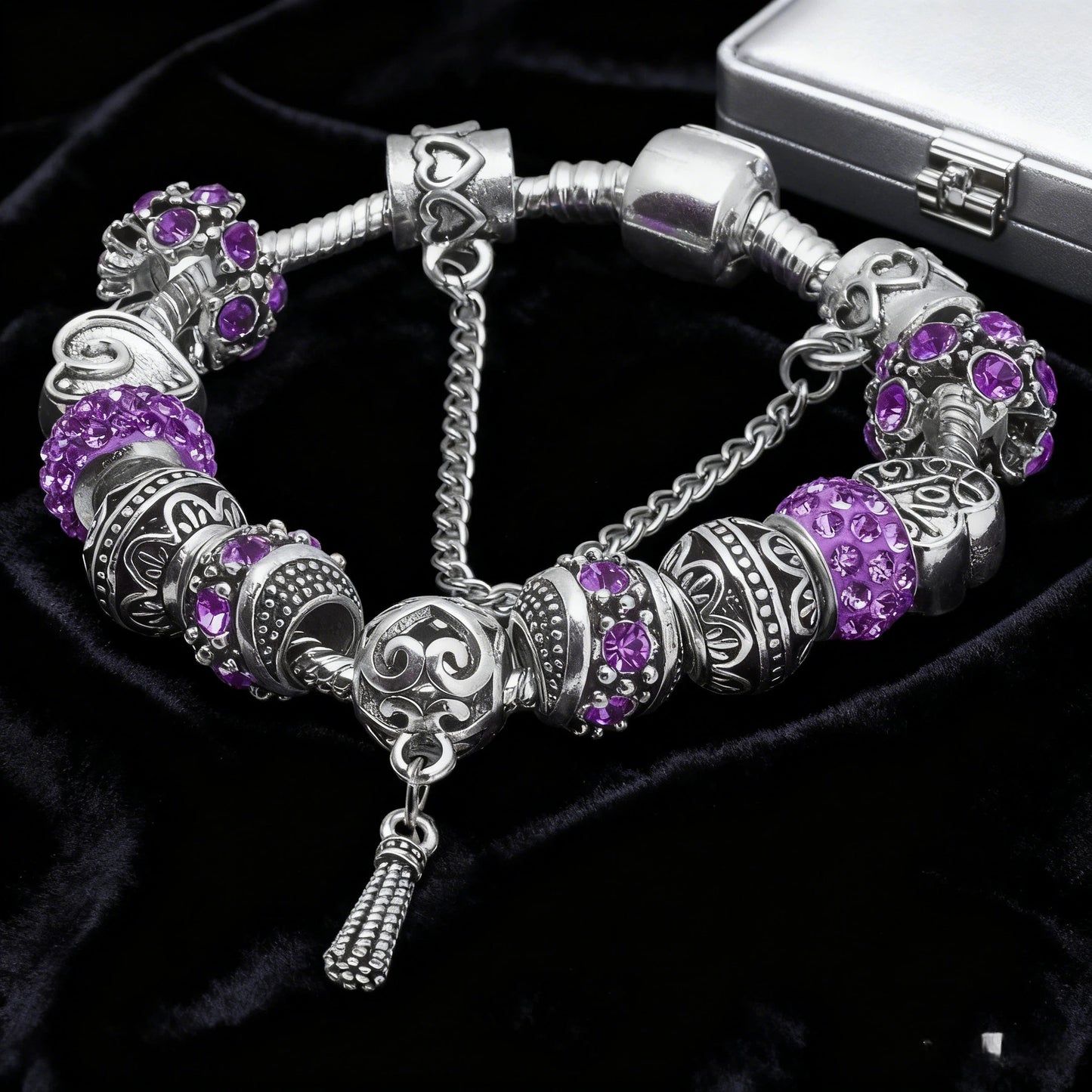Women’s Vintage Silver-Plated Charm Bracelet - Crystal-Embedded Hollow Carved Multi-Bead Fashion Jewelry(purple-18cm)