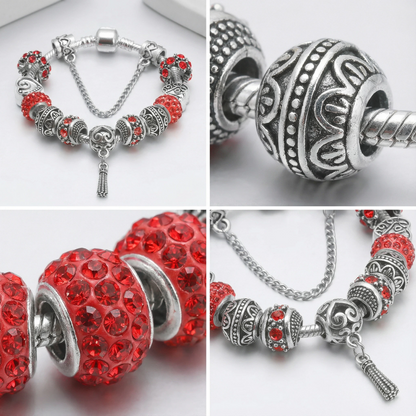 Women’s Vintage Silver-Plated Charm Bracelet - Crystal-Embedded Hollow Carved Multi-Bead Fashion Jewelry(red-18cm)