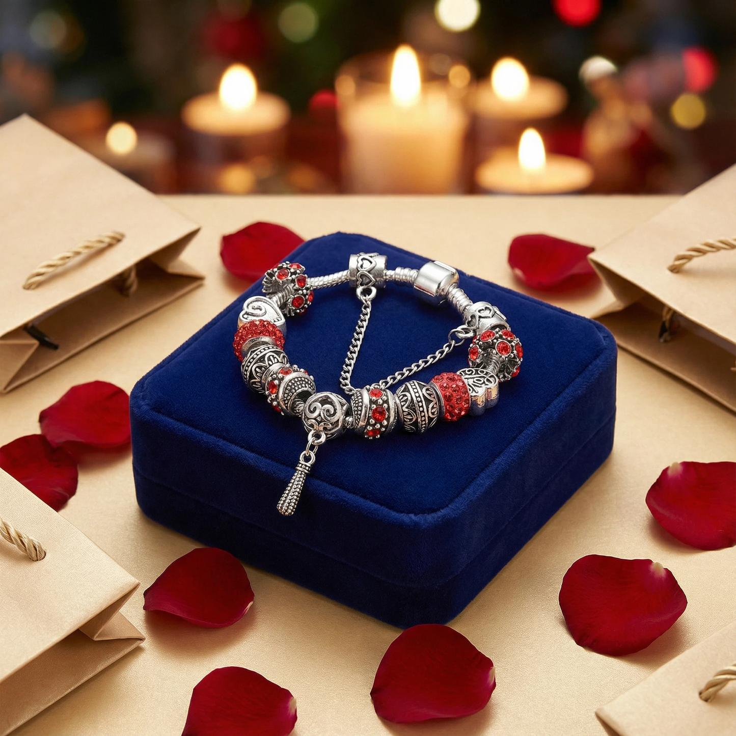 Women’s Vintage Silver-Plated Charm Bracelet - Crystal-Embedded Hollow Carved Multi-Bead Fashion Jewelry(red-18cm)