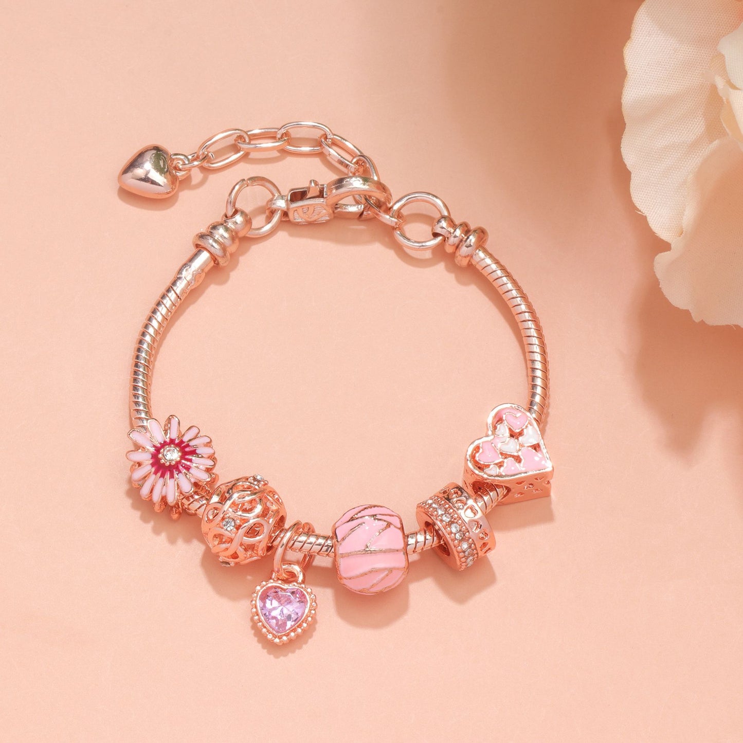 Rhinestone Daisy & Hollow Heart Charm Bracelet - Minimalist Fashion Zinc Alloy Electroplated Jewelry(16cm)