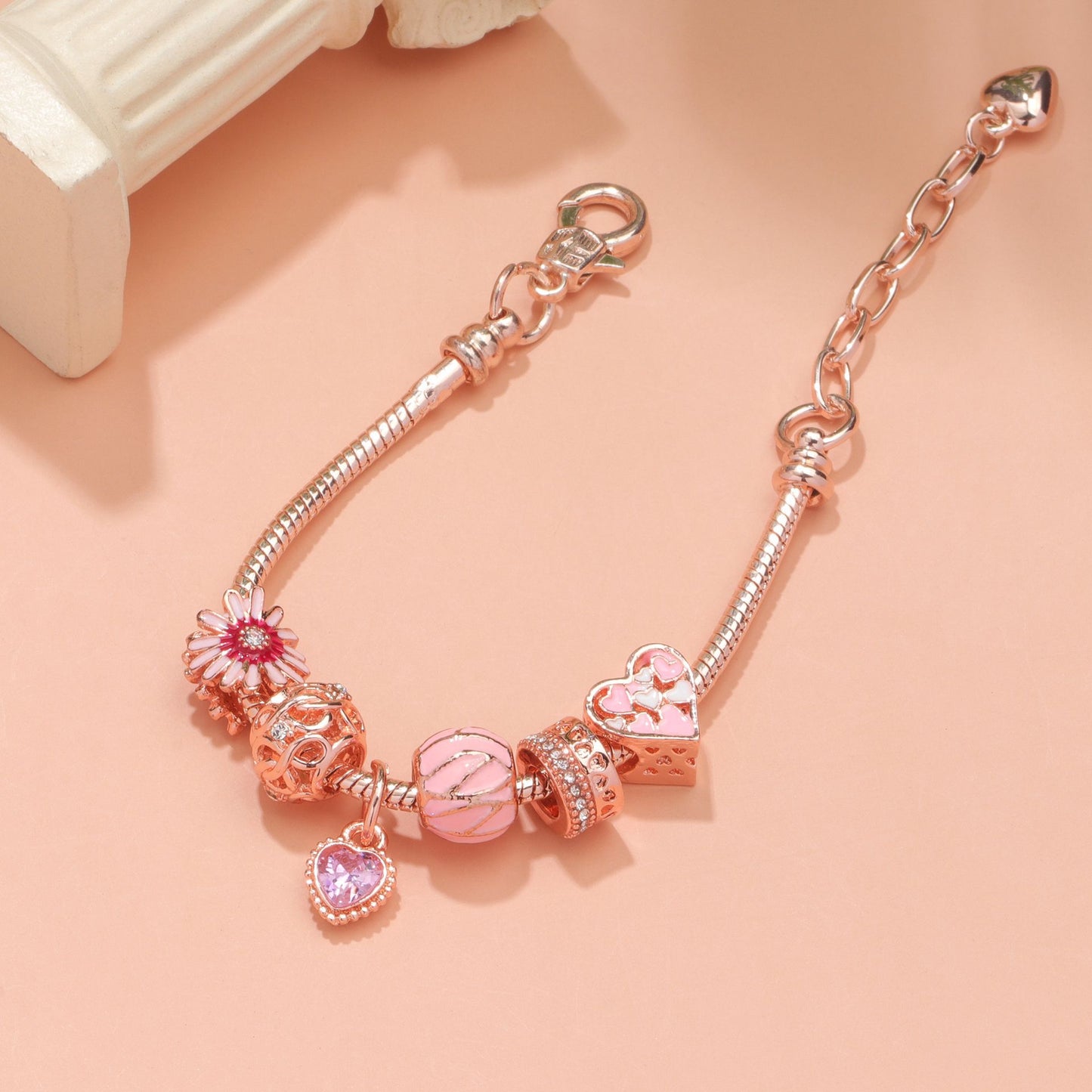 Rhinestone Daisy & Hollow Heart Charm Bracelet - Minimalist Fashion Zinc Alloy Electroplated Jewelry(18cm)