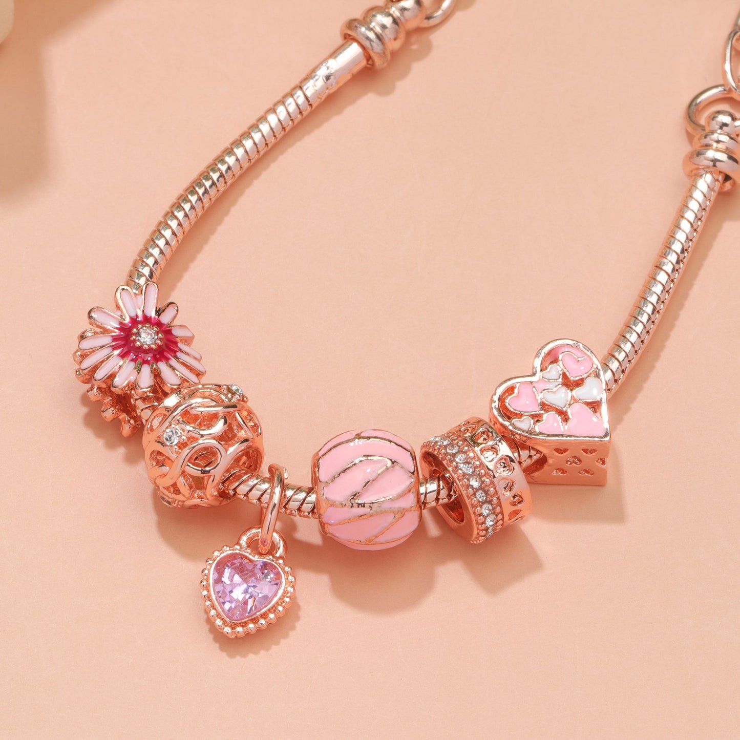 Rhinestone Daisy & Hollow Heart Charm Bracelet - Minimalist Fashion Zinc Alloy Electroplated Jewelry(18cm)