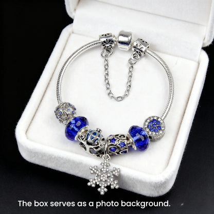 Snowflake Pendant Bracelet - Blue Cat’s Eye & Glass Beads, Zinc Alloy with Rhinestone Silver Carved Charms(18cm)