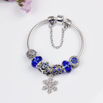 Snowflake Pendant Bracelet - Blue Cat’s Eye & Glass Beads, Zinc Alloy with Rhinestone Silver Carved Charms(19cm)