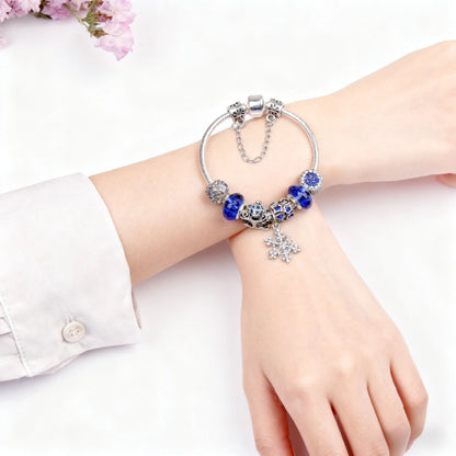 Snowflake Pendant Bracelet - Blue Cat’s Eye & Glass Beads, Zinc Alloy with Rhinestone Silver Carved Charms(20cm)