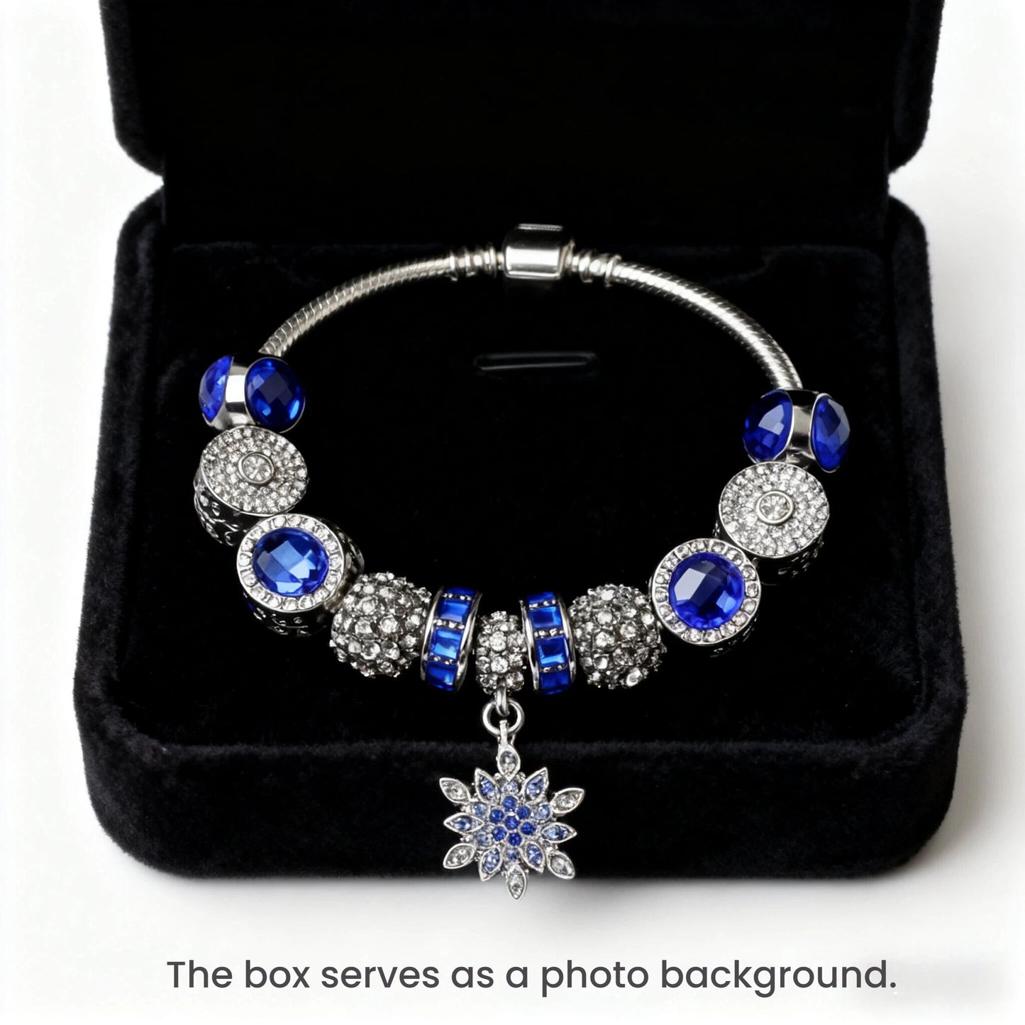 Blue Cat's Eye Glass Bead Bracelet - Zinc Alloy Rhinestone & Snowflake Pendant(17cm)