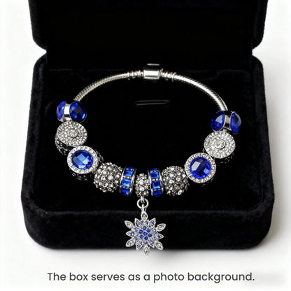 Blue Cat's Eye Glass Bead Bracelet - Zinc Alloy Rhinestone & Snowflake Pendant(18cm)