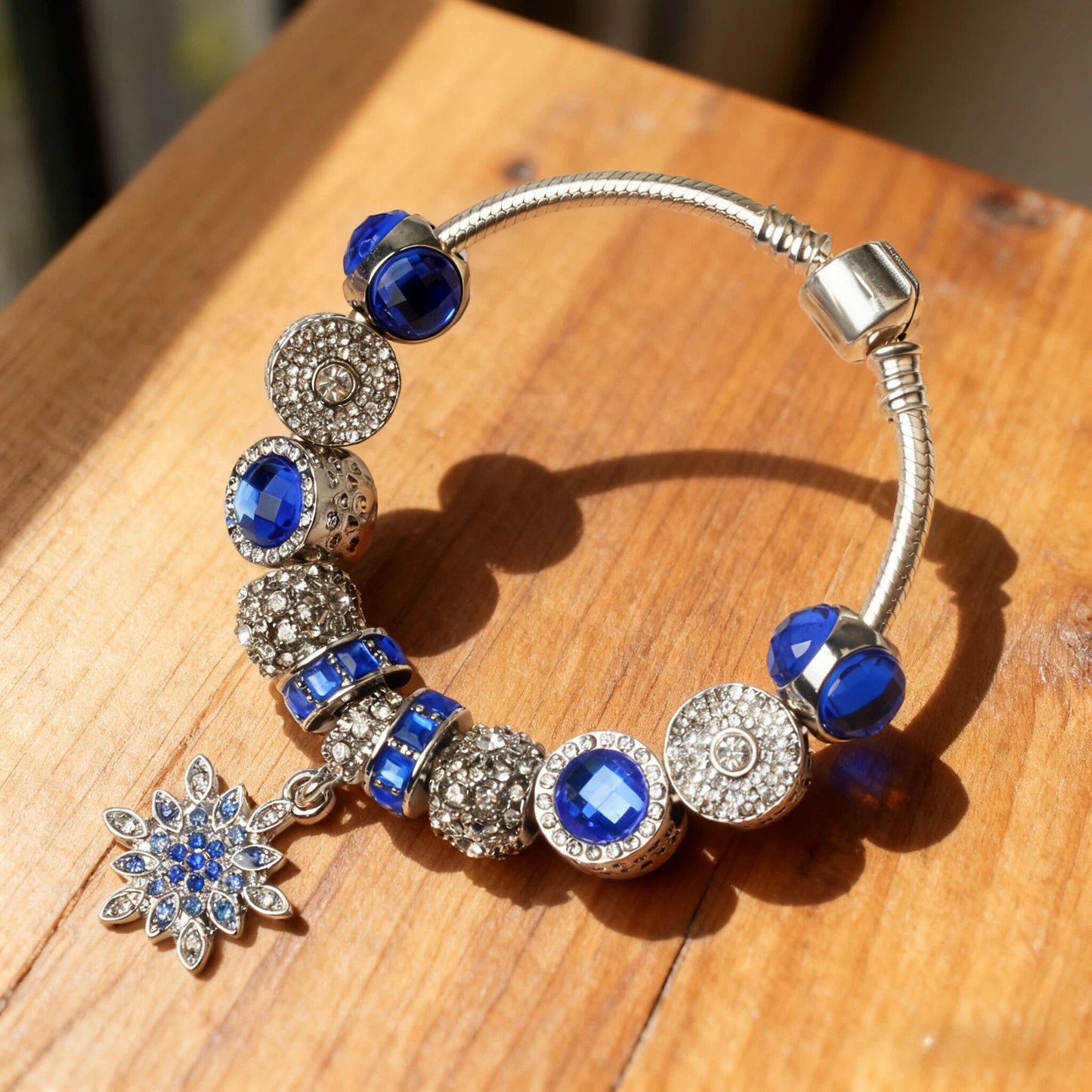 Blue Cat's Eye Glass Bead Bracelet - Zinc Alloy Rhinestone & Snowflake Pendant(18cm)