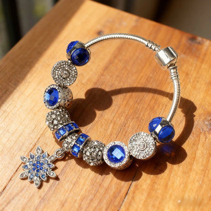Blue Cat's Eye Glass Bead Bracelet - Zinc Alloy Rhinestone & Snowflake Pendant(18cm)