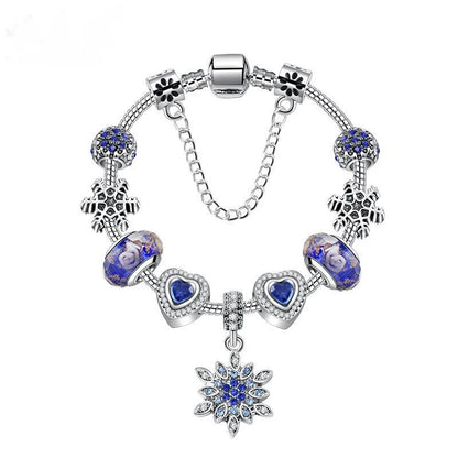 Blue Cat’s Eye & Glass Bead Bracelet – Rhinestone Snowflake Pendant(19cm)