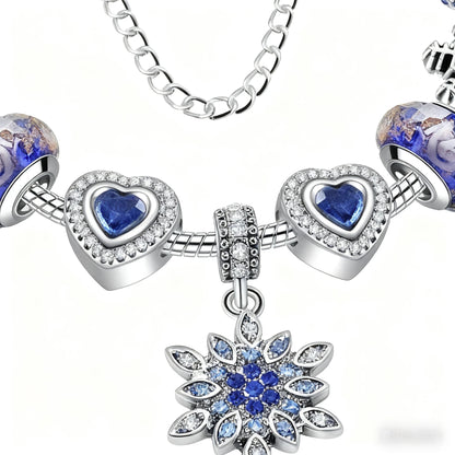 Blue Cat’s Eye & Glass Bead Bracelet – Rhinestone Snowflake Pendant(19cm)
